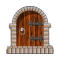 Castle door medieval vector cartoon and fairytail style, realistic and cool. Clip art vintage antique door hinges and solid stones