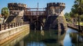 Castle drawbridge spanning moat Royalty Free Stock Photo