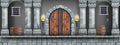 Castle dungeon game background, vector cartoon medieval prison interior, wooden door, pillars, barrel.