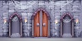 Castle dungeon interior game background, stone arch wall, vector medieval wooden door, entrance gate. Royalty Free Stock Photo