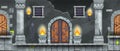Castle dungeon seamless game background, cartoon medieval prison illustration, stone pillar, wooden gate.