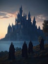 A castle at dusk with a silent procession of cloaked figures surrounding it. Gothic art. AI generation