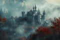 A castle emerges mysteriously in the midst of a foggy forest, creating an ethereal ambiance, Gothic castle hidden in the chill Royalty Free Stock Photo