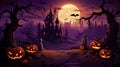 Castle entrance halloween background Pumpkins and bats have the moon behind them