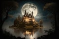 Castle in the forest with full moon, 3D illustration