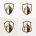 Castle fortress on shield, vector icon illustration