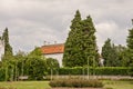 Castle garden with flowers and trees