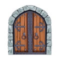 Castle gate, medieval door, old wooden city entrance, stone vector arch portal, vintage iron handle.