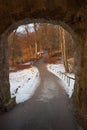 Castle gate and wintry walkway