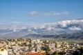 Castle of Gjirokastra and Old town of Gjirokaster at sunrise in Southern Albania. Popular Albanian travel destination Royalty Free Stock Photo