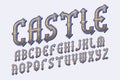 Castle golden blue alphabet. Gaming medieval stylized font. Isolated english alphabet
