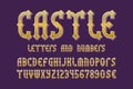 Castle golden letters and numbers with currency signs. Medieval gaming stylized font