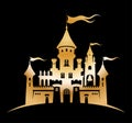 Castle golden silhouette standing on the hill. Abstract fairy tale fortress on black background