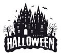 Castle and graveyard with scary pumpkins, hand zombie. Halloween decoration. Vector