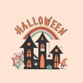 A castle for Halloween.Silhouette of a haunted house,retro pumpkins,rainbow, bats. Royalty Free Stock Photo