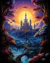 The castle is on a hill illustration fantasy colorful