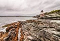 Castle Hill Lighthouse in Newport, Rhode Island, situated on a dramatic rocky coastline