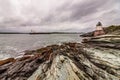 Castle Hill Lighthouse in Newport, Rhode Island, situated on a dramatic rocky coastline