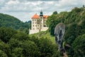 Castle on the hill in Ojcow National Park Poland - Pieskowa Skala, Hercules`s mace rock Royalty Free Stock Photo