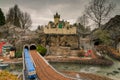 Castle on the hill, train going out from a tunnel, made of Lego Royalty Free Stock Photo