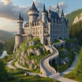 Castle on a hill with a winding staircase, photorealistic v