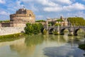 Castle of Holy Angel Castel Sant`Angelo and St. Angel bridge Ponte Sant`Angelo over Tiber river in Rome, Italy Royalty Free Stock Photo