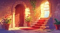In a castle interior with arched wooden doors, potted flowers, stone steps with a red carpet and brick walls, light