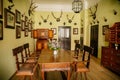 Castle interior, Baroque and renaissance furniture, bureau with swing doors, wooden carved table and chairs, hunting salon with