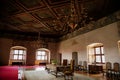 Castle interior, Baroque and renaissance furniture, wooden painted ceiling, wooden carved armchairs and table, chateau rebuilding