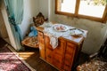 Castle interior. Bedroom interior, ladies` chest of drawers. Jezeri, Northern Bohemia, Czech Republic