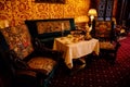 Castle interior, Carved wooden baroque furniture, rooms decorated for Christmas. Historic Medieval Romantic castle Hradek u