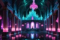 Castle Interior Displayed within an Art Museum: Nestled Among Towering Pillars, Gleaming Crystal Chandeliers Illuminate the