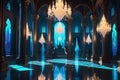 Castle Interior Displayed within an Art Museum: Nestled Among Towering Pillars, Gleaming Crystal Chandeliers Illuminate the