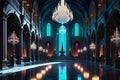 Castle Interior Displayed within an Art Museum: Nestled Among Towering Pillars, Gleaming Crystal Chandeliers Illuminate the