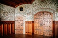 Castle interior, Fresco mural paintings with hunting scenes, floral ornaments, medieval wall and ceiling frescos, grand hall with