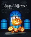 Castle interior full moon outside a spooky window, pumpkins on the podium it's perfect for Royalty Free Stock Photo