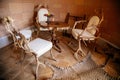 Castle interior. Mule Deer Antler furniture in the tearoom. Castle Bitov, South Moravia Region, Czech Republic