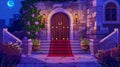 Castle interior at night, wooden archway and potted flowers, stone stairs with red carpet, brick walls, entryway to Royalty Free Stock Photo