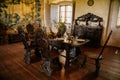 Castle interior. Old dining room with renaissance furniture, table and chairs. Castle Grabstejn, Ancient medieval gothic chateau Royalty Free Stock Photo