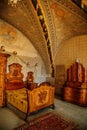 Castle interior, Secession style arched painted ceiling, floral ornaments, secretaire chest of drawers, wooden baroque bed,