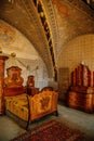 Castle interior, Secession style arched painted ceiling, floral ornaments, secretaire chest of drawers, wooden baroque bed,