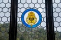 Castle interior. Stained glass window depicting the coat of arms of the empire. Medieval castle Rozmberk nad Vltavou, South