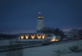 Castle on an island in the city of Vyborg with night illumination in winter Royalty Free Stock Photo