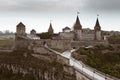 Castle in Kamianets-Podilskyi, Ukraine. Medieval stone large castle fortress with spiers and defensive towers