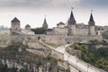 Castle in Kamianets-Podilskyi, Ukraine. Medieval stone large castle fortress with spiers and defensive towers