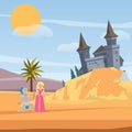 Castle and kneeled knight before princess love cartoon vector illustration. Brave warrior, princess and castle love