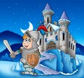 Castle and knight in winter landscape Royalty Free Stock Photo