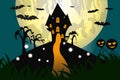 Castle with leaves at Halloween illustration