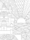 Line art illustration of beautiful castle and sunset in background for design element and adult coloring book for anti stress. Sto Royalty Free Stock Photo