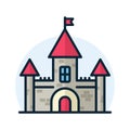 Castle line icon. Kingdom tower fantasy gothic architecture building silhouette. Medieval fortress palace. Royal old